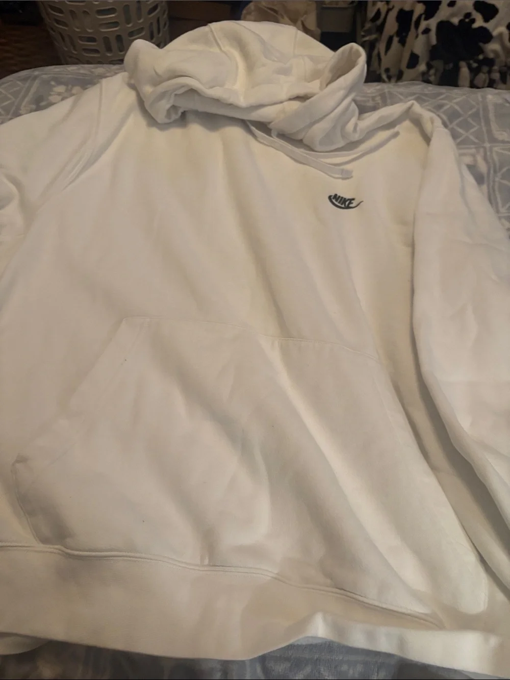 Nike White Men's Pullover Hoodie with Small Black Swoosh Logo